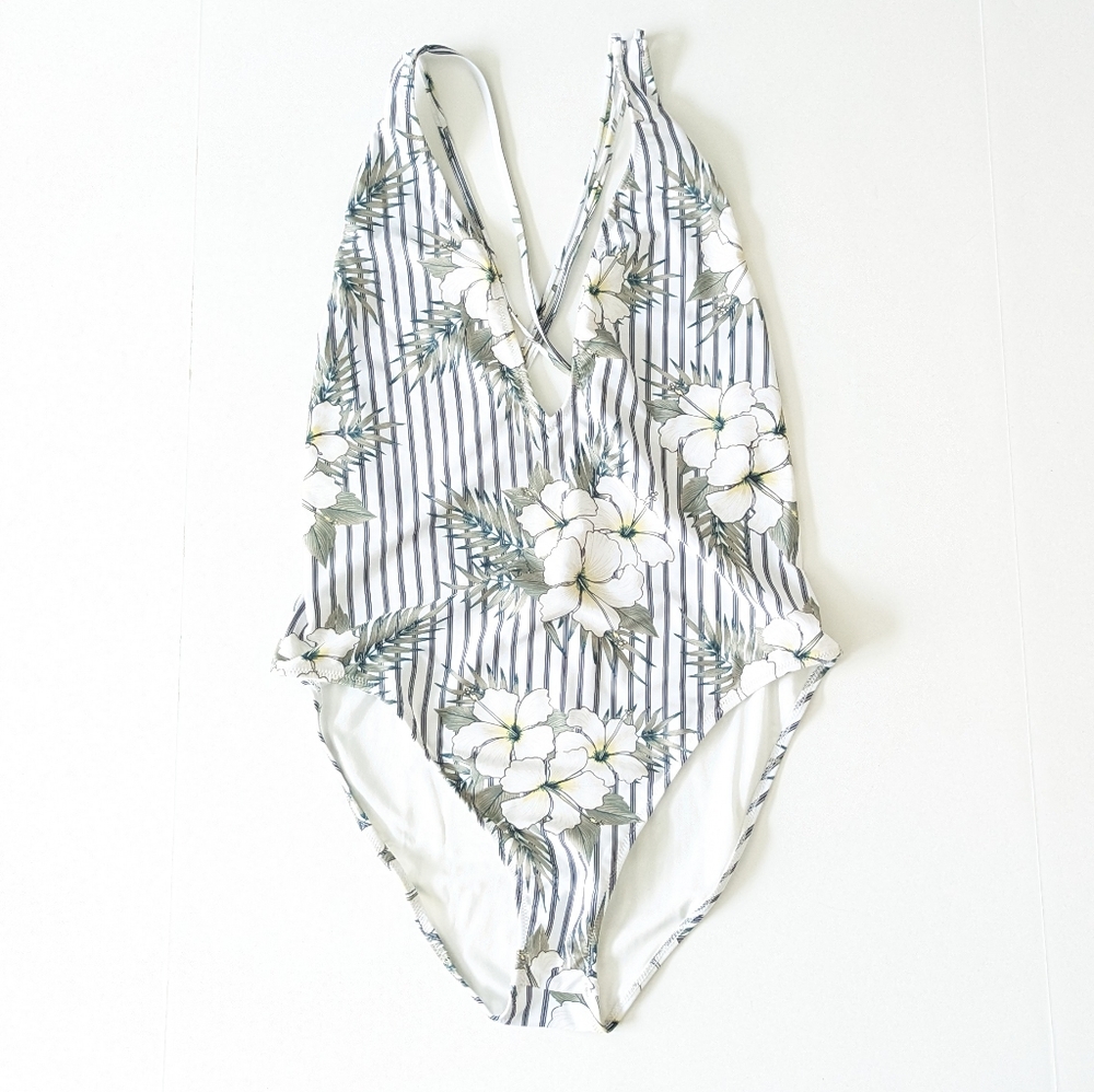 Floral Stripe Deep V One-Piece Swimsuit - White/Green